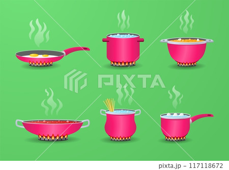 Cook pot. Food pan. Hot fire and stove. Dinner preparing. Kitchen gas oven. Metal saucepan with steam. Pasta cooking. Frying eggs. Boiling water. Domestic crockery. Vector icons set 117118672