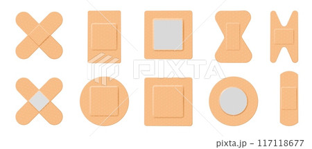 Band aid. Round medical bandage, white gauze plaster for wound injury protect. Strip sticker texture, square or circle perforated pharmaceutical bands vector icons isolated realistic set 117118677