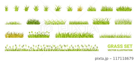 Grass icons. Tuft blade silhouette, green field isolated border or spring lawn shape. Nature summer garden. Decorative botanical meadow elements. Herbal border design. Vector isolated set 117118679