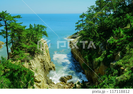rocky beach scenery with ocean horizon 117118812