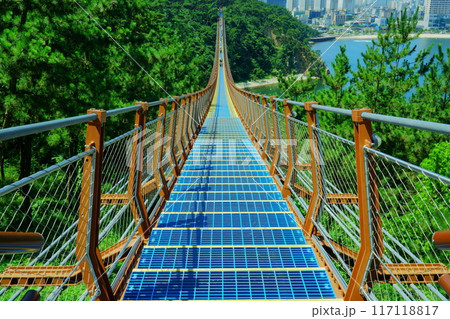 suspension bridge installed on two steep hillside cliffs on the sea coast 117118817