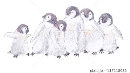 クレヨンで描いた、たくさん集まっている皇帝ペンギンのヒナのイラスト