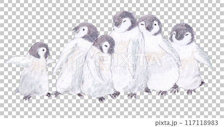 Crayon drawing of a group of emperor penguin chicks 117118983