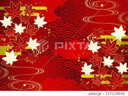 紅葉、秋、和風、和柄、雲、背景、イラスト、赤、横 117119030