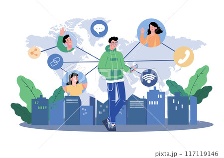 Connect social media network flowchart with online calls. Connect social media network flowchart with online calls. 117119146