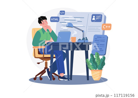 A young programmer coding on the laptop 117119156