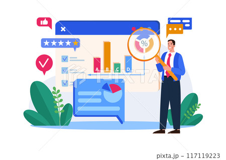 Business man analysis survay online result with graph Business man analysis survay online result with graph 117119223