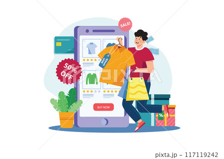 Man buying goods via the internet app. Man buying goods via the internet app. 117119242
