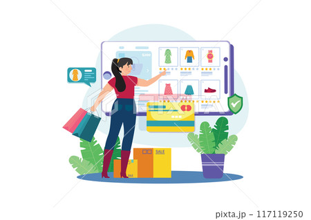 Shopaholic is making purchases in an online store. 117119250