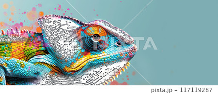 Half Color Chameleon on Light Blue Background - Color and Light Concept 117119287