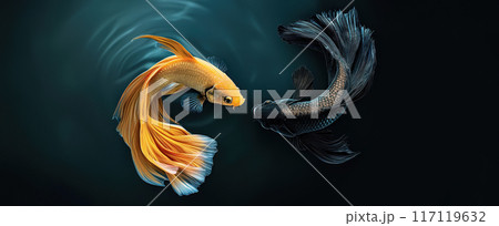 Black and Golden Fish Forming Yin Yang Symbol, Concept Design Image of Harmony and Tranquility 117119632