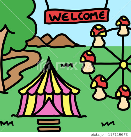 Hand drawn amusement park with circus tent, ferris wheel, welcome sign, green grass, tree, mountain for background, wallpaper, backdrop, post card, landscape, scenery, holidays, weekend, family trip 117119678