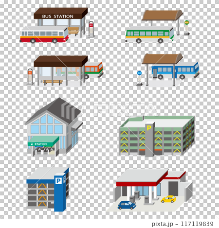 各種建築物的 3D 向量插圖。 117119839
