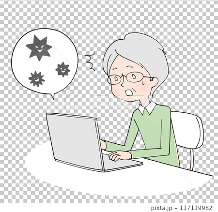 Senior man whose computer is infected with a virus 117119982