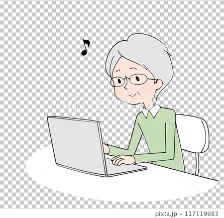 A senior man happily operating a computer 117119983