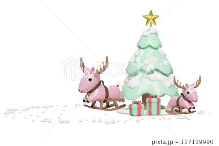3d rocking deer with gift box, christmas tree isolated. merry christmas and happy new year, 3d render illustration 117119990