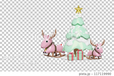 3d rocking deer with gift box, christmas tree isolated. merry christmas and happy new year, 3d render illustration 117119990