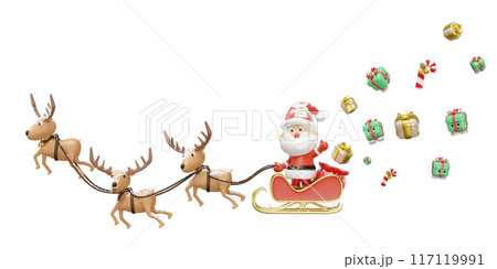 3d reindeer with santa claus, sleigh, gift box isolated. merry christmas and happy new year, 3d render illustration 117119991