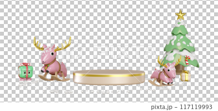 3d podium empty with santa claus riding a rocking deer, gift box, christmas tree isolated. merry christmas and happy new year, 3d render illustration 117119993