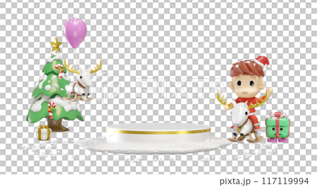 3d podium empty with santa claus riding a rocking deer, gift box, christmas tree isolated. merry christmas and happy new year, 3d render illustration 117119994