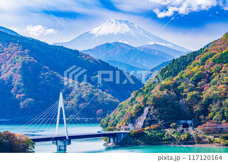 【神奈川県】丹沢湖　湖畔の紅葉　富士山遠望 117120164