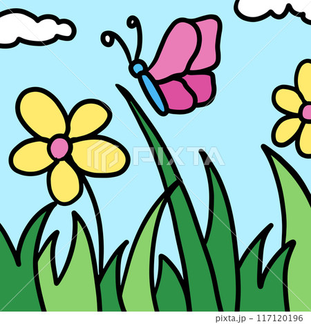 Hand drawn yellow flowers, grass, butterfly, blue sky for background, wallpaper, backdrop, post card, environment, vacation, travel, spring, summer, park, outdoor, nature, garden, scenery, blossom 117120196