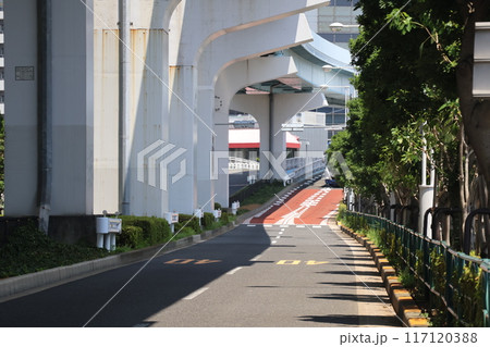 高架橋の下にある道路と街路樹の見える街並みの風景 高架橋の下にある道路と街路樹の見える街並みの風景 117120388