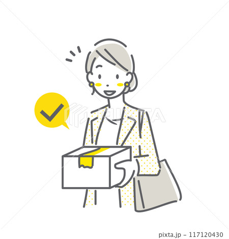 仕事帰りに宅配便を受け取る若い女性　シンプルでお洒落な線画イラスト 117120430