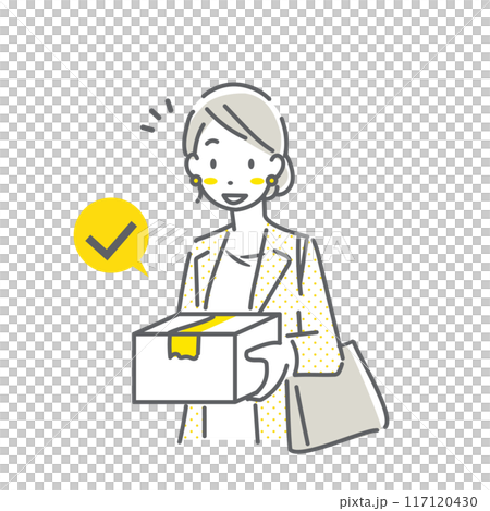 仕事帰りに宅配便を受け取る若い女性　シンプルでお洒落な線画イラスト 117120430