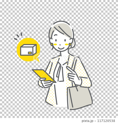 スマホで宅配の通知を受け取る若い女性 シンプルでお洒落な線画イラスト スマホで宅配の通知を受け取る若い女性 シンプルでお洒落な線画イラスト 117120538