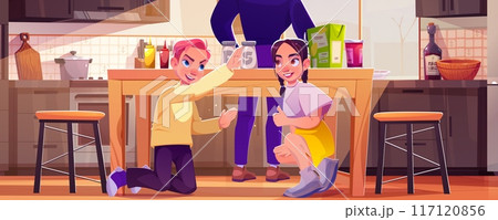 Teen brawlers in cooking room interior. 117120856