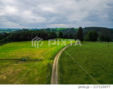 Aerial view showcasing a tranquil countryside road with lush green fields under cloudy skies Aerial view showcasing a tranquil countryside road with lush green fields under cloudy skies 117120977