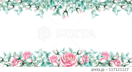 Seamless frame with roses and eucalyptus branches in watercolor illustration. Composition on the theme of love for decorating weddings, rooms. Illustration is isolated from the background Seamless frame with roses and eucalyptus branches in watercolor illustration. Composition on the theme of love for decorating weddings, rooms. Illustration is isolated from the background 117121127