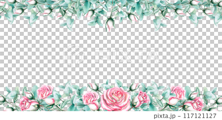 Seamless frame with roses and eucalyptus branches in watercolor illustration. Composition on the theme of love for decorating weddings, rooms. Illustration is isolated from the background Seamless frame with roses and eucalyptus branches in watercolor illustration. Composition on the theme of love for decorating weddings, rooms. Illustration is isolated from the background 117121127