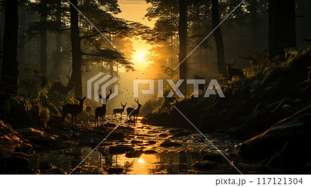 Forest deer dramatic weather effect silhouette tress and fog Forest deer dramatic weather effect silhouette tress and fog 117121304