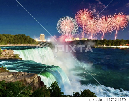ナイアガラの滝と花火 117121470