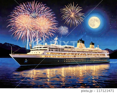 豪華客船と花火と月 117121471