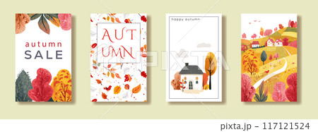 A set of vertical posters with autumn cards. Landscape hills. Nice house. Invitation to the sale. Magazine and book cover. 117121524