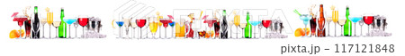 Different alcohol cocktails like beer, martini, soda, champagne, whiskey 117121848