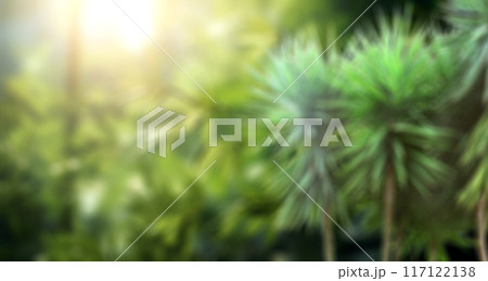 Blur green leaves on bokeh sunny light abstract background. Ecology, go green, Green Energy, environmental and conservation protection concept. Horizontal blurred out jungle abstract backdrop 117122138