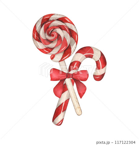 Lollipop, candy, bow, sweet dessert, christmas new year. The illustration is hand-drawn in watercolor on a white background. Suitable for design, postcard, holiday, sticker, textile, fabric, clothing. 117122304