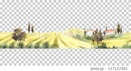 Landscape with field, villa, farmhouse, bushes, fruit trees, cypresses. Watercolor seamless border, pattern Italian, France summer. Label, packaging paper Hand draw illustration on isolated background Landscape with field, villa, farmhouse, bushes, fruit trees, cypresses. Watercolor seamless border, pattern Italian, France summer. Label, packaging paper Hand draw illustration on isolated background 117122361