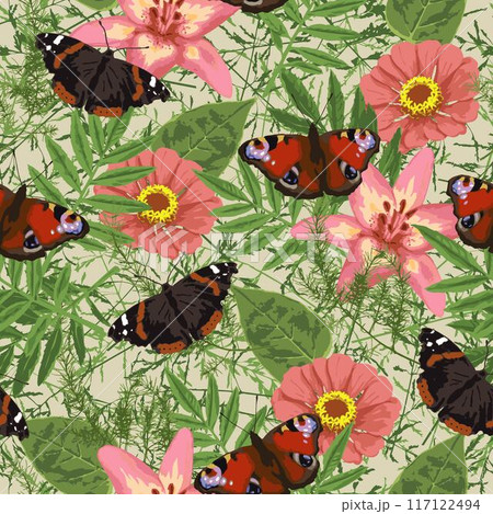 Pattern with flower, grass, leaves, butterflies 117122494