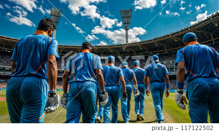 Group of men in blue uniforms walking on field in front of crowd. Group of men in blue uniforms walking on field in front of crowd. 117122502