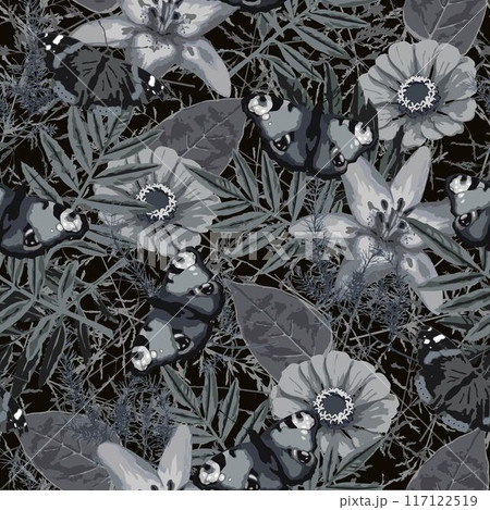 Gray camo pattern with leaves, flowers, butterfly. 117122519