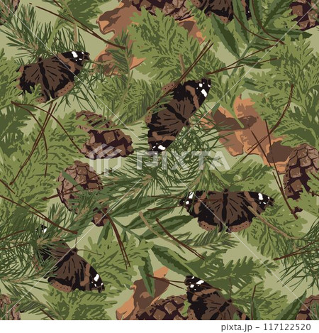 Seamless green camo pattern with nature elements Seamless green camo pattern with nature elements 117122520