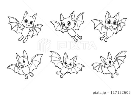 Set of cute funny bat characters for coloring. Bat collection, sketch, outline drawing for coloring book Set of cute funny bat characters for coloring. Bat collection, sketch, outline drawing for coloring book 117122603