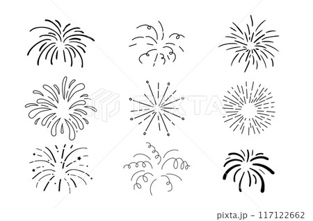 Fireworks and rocket, salute with burst, light and festive explosions in doodle style. Hand drawn sparks, firecracker on white background. Party, celebrations, event. 117122662