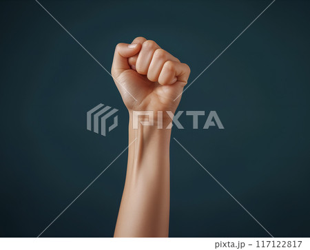 Close-up on fist raised up in the air on studio background Close-up on fist raised up in the air on studio background 117122817