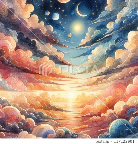 明け方の空に漂う雲と月と太陽のイラスト 117122901